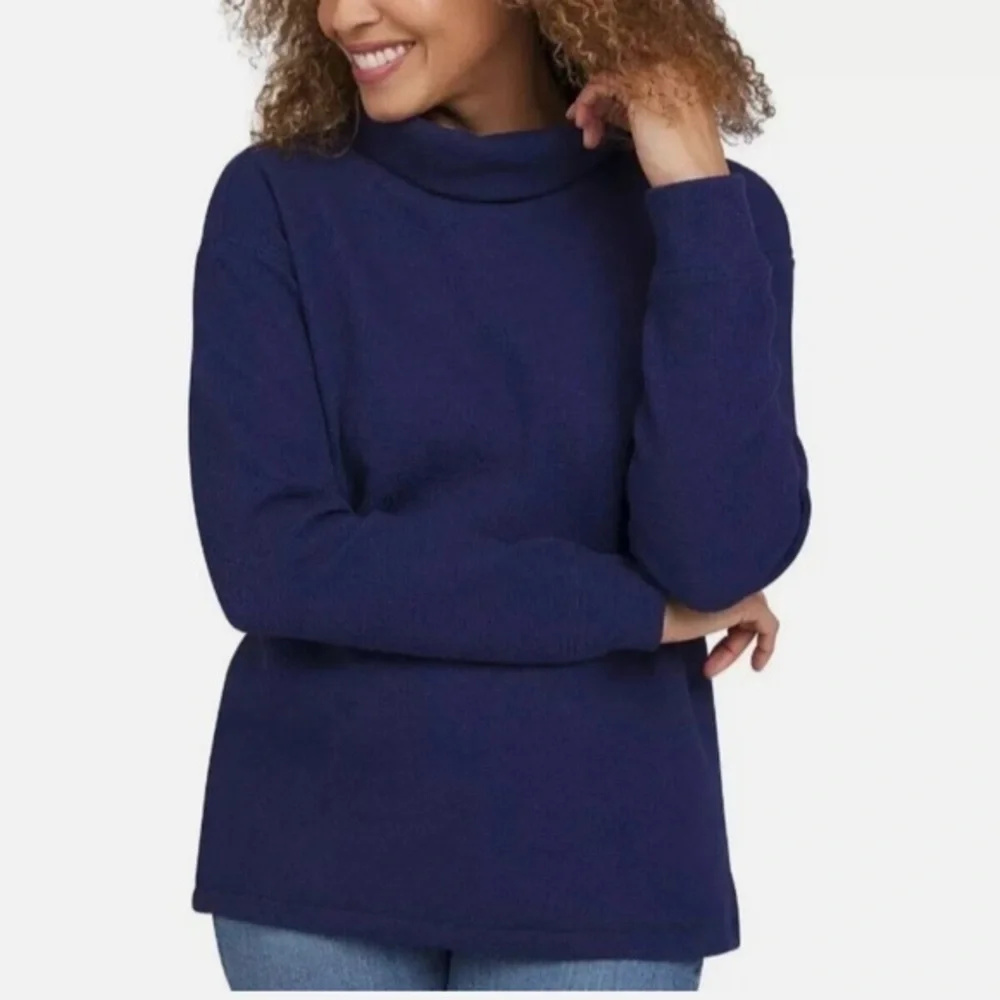 NWT Lands End Womens Blue Waffle Knit Funnel Neck Top Long Sleeve